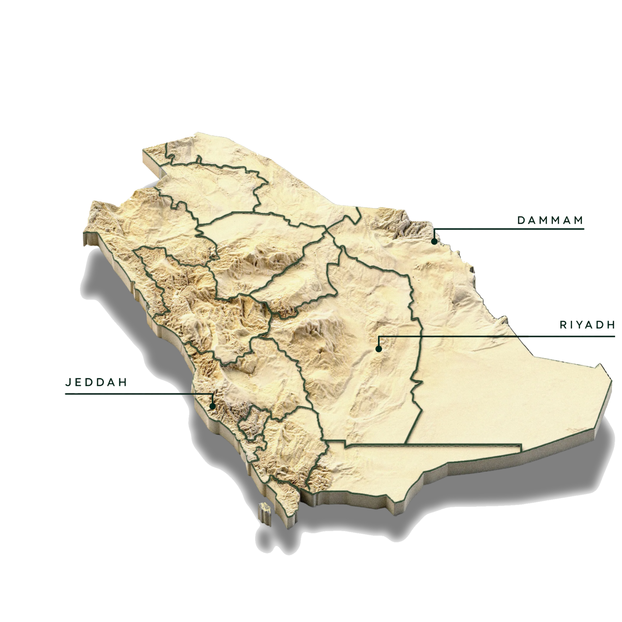 Saudi Arabia, geographic footprint relief with region boundaries and city markers